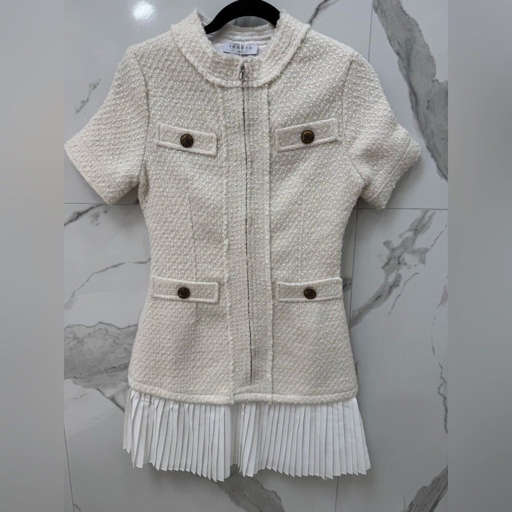 Sandro Cream Short-Sleeve Blazer with Pleated Hem